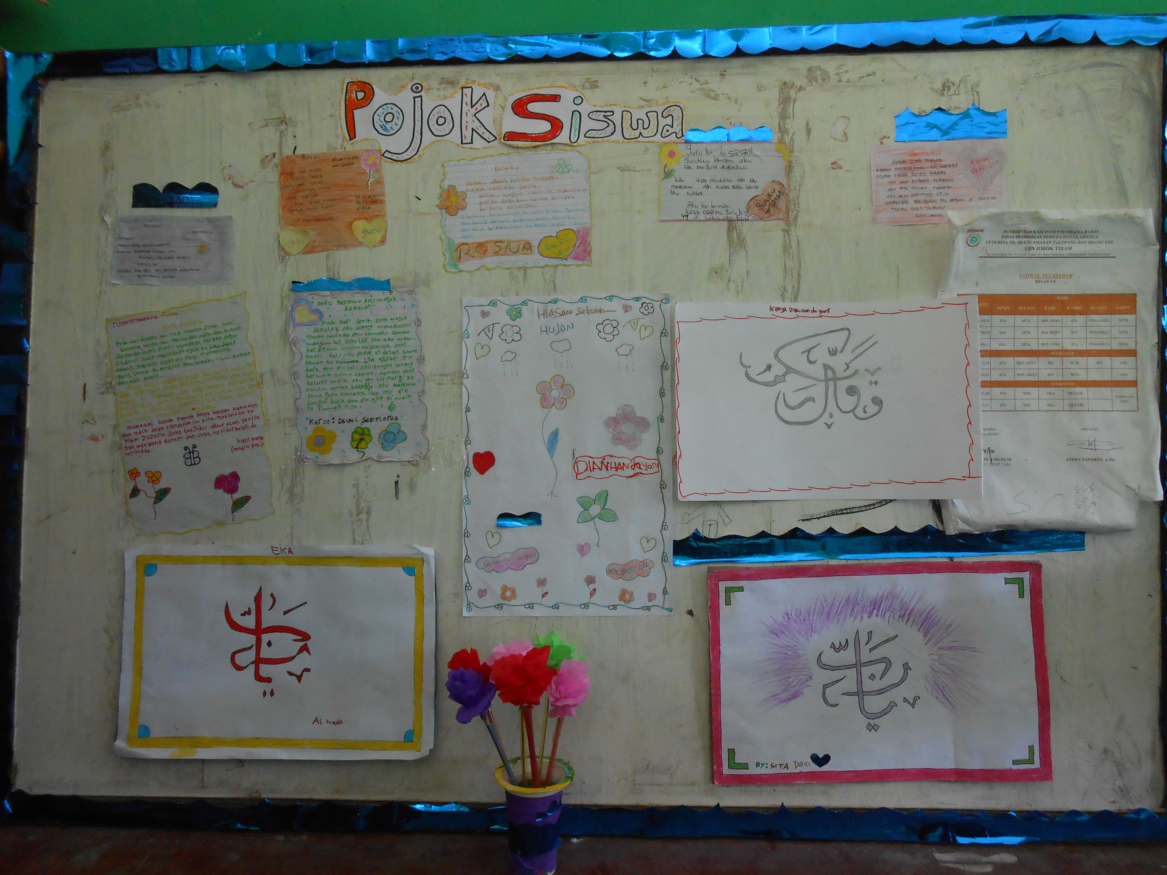 Pojok siswa berupa mading dipojok kelas yang berisi tulisan dan gambar hasil karya siswa kelas 5